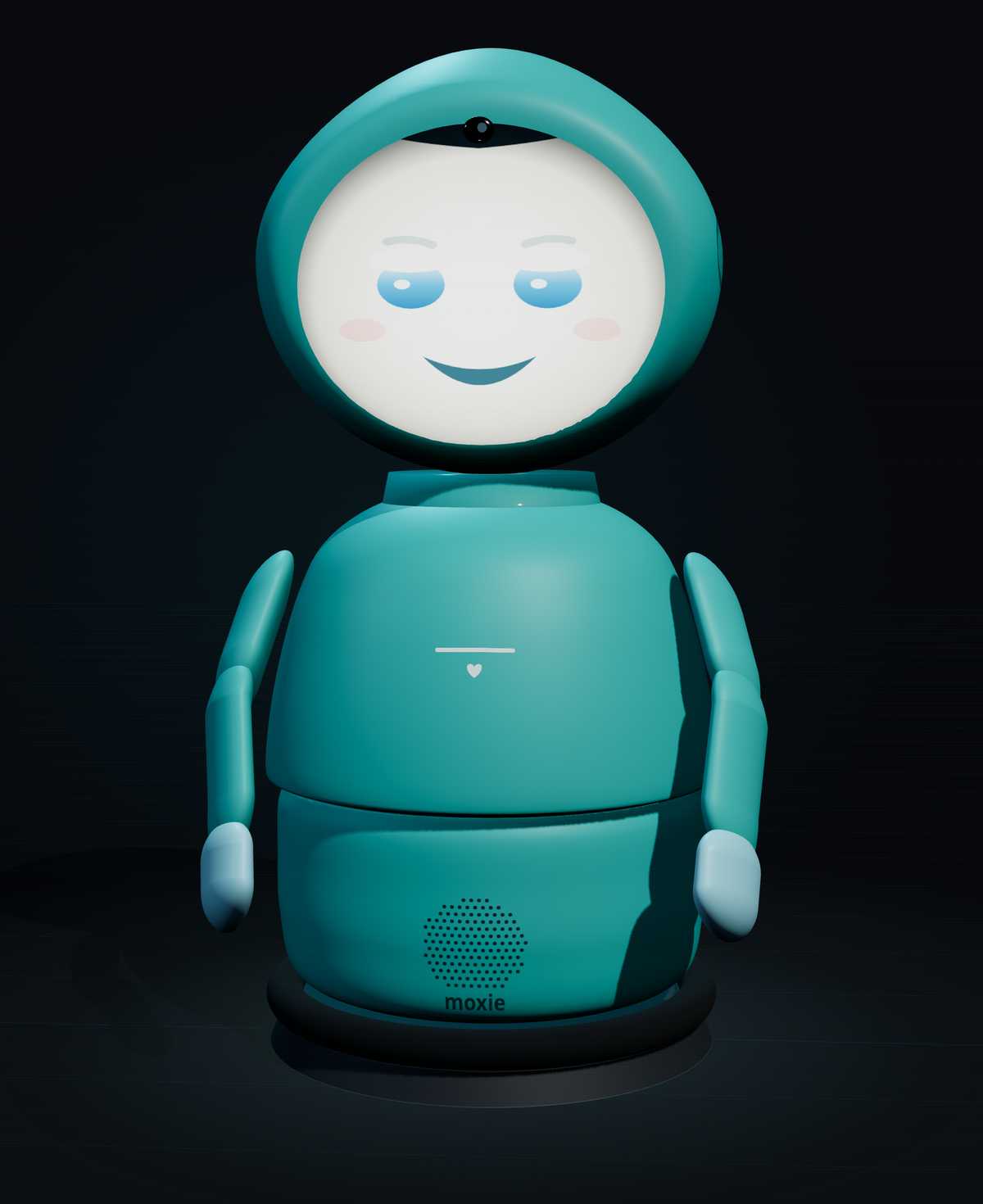 The 3D Moxie simulator — a friendly teal robot with a glowing projector face